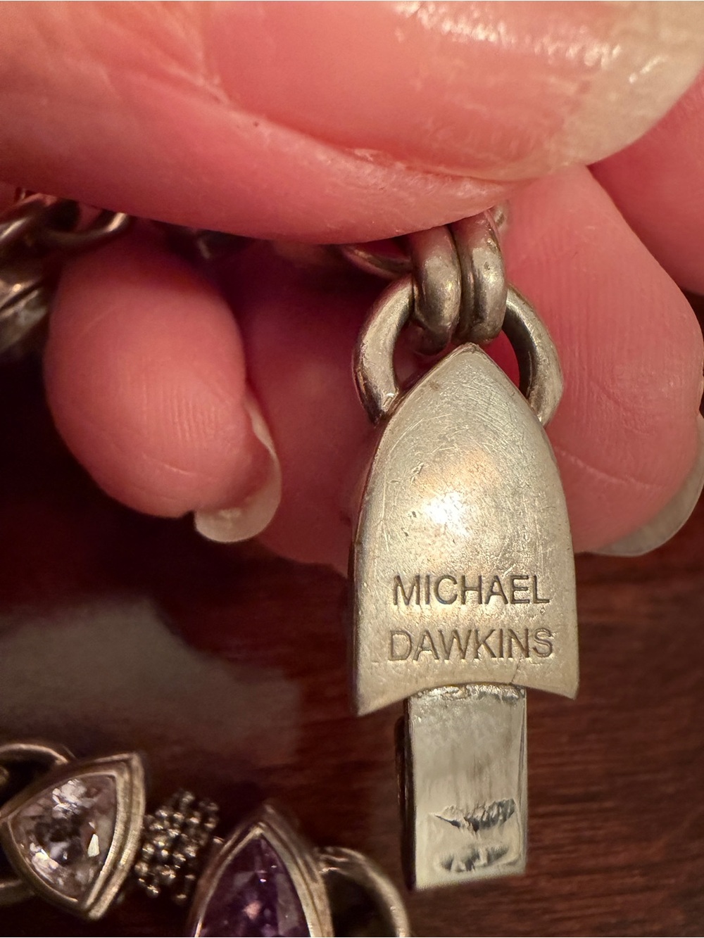 Michael Dawkins 925 Amethyst Rose de France Trillion Link Bracelet 7.5” - Picture 3 of 7